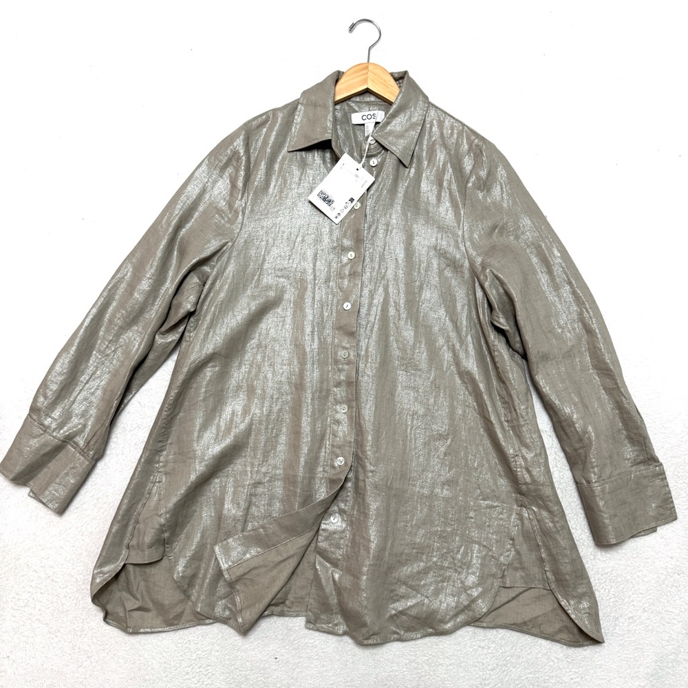 COS sz 6 Oversized Metallic 100% Linen Button Down Shirt in Beige Button Down